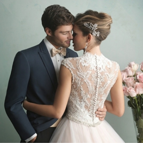 ALLURE Romantic Ivory Lace and Blush Tulle Wedding Gown - Picture 10 of 11